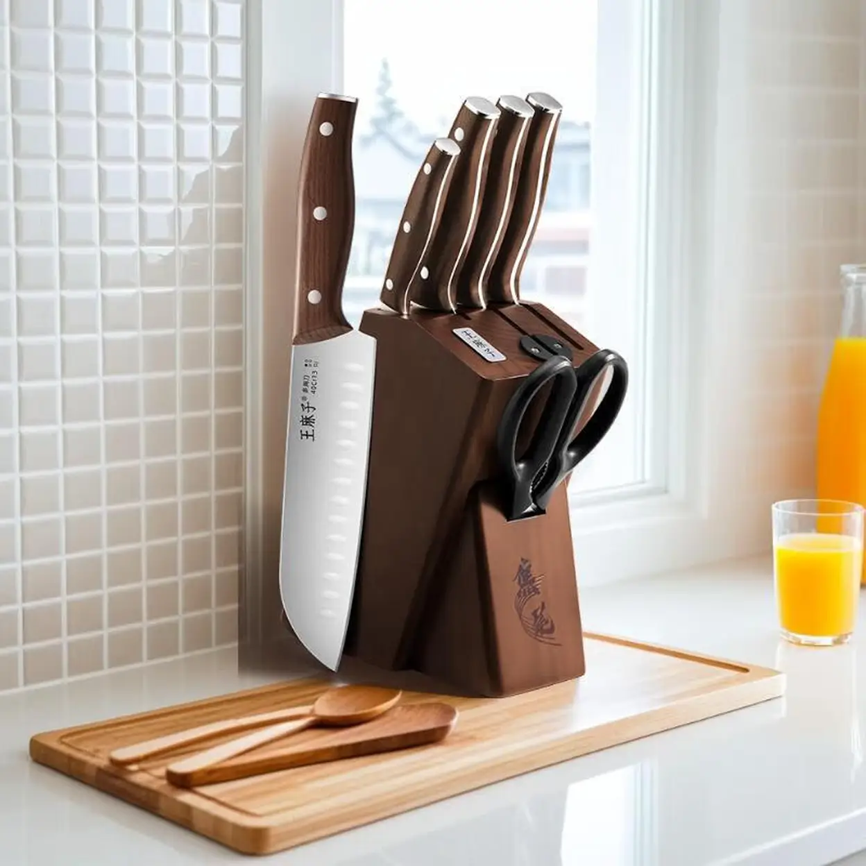 ANGMAZI Ensemble de couteaux Cleaver 7 pièces - Série Shenmu - Manche en hêtre