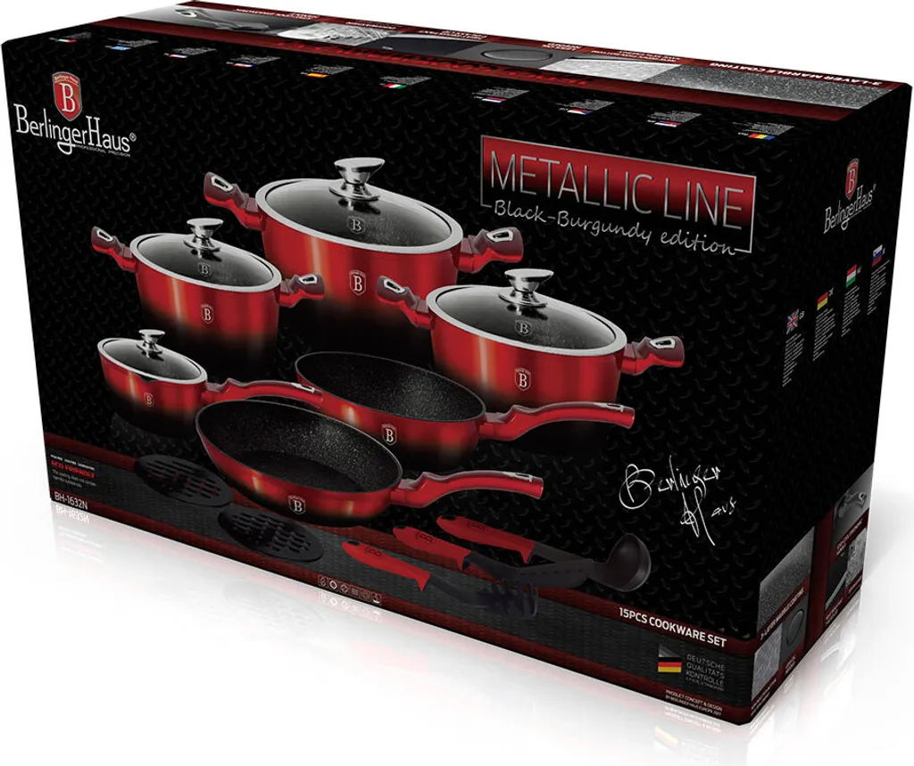 Berlinger Haus Ensemble de Casseroles BH-1632 15 Pièces Noir/Bourgogne